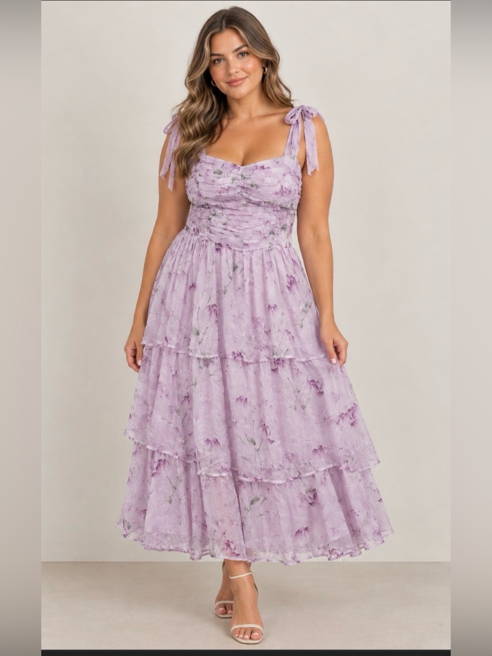 NWT ASTR the label purple floral midi dress chiffon tiered XL tie shoulders